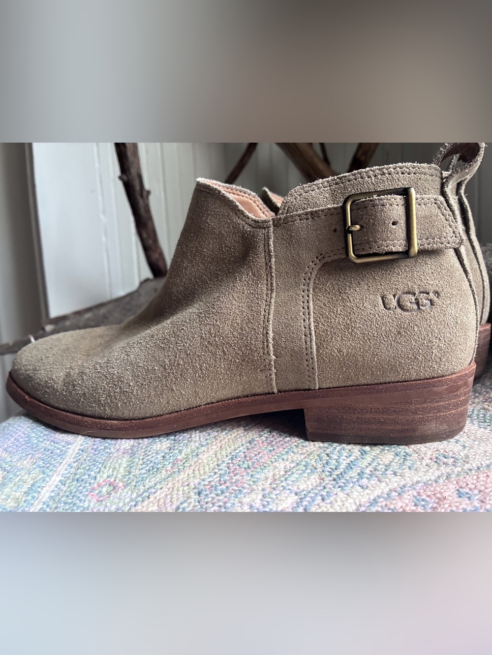 UGG Taupe Suede Ankle Bootie with Buckle Detail